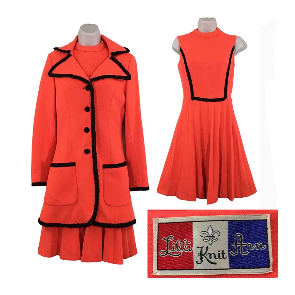 Lilli Ann Knit Vintage 60s 70s Mod Orange Black Dress & Coat‎ Set, 34 bust, XS